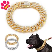 Wofuwofu Diamond Gold Dog Collarsstainless Steel Pet Collar Leash Metal Chain Luksusowy Kryształ Duży Kołnierz Dog Skóra Pitbull X0703