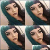 Parrucche sintetiche Prodotti per capelli Kryssma Mezzo Black Green Green Cosplay Halloween Party Party Long Nature Wave Wave with Bangs For Woman Cute Drop Consegna 2