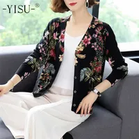 YISU Women Casual soft Cardigan Autumn Winter Knit Top Soft Sweater Coat Long sleeve V-neck Floral print knitted cardigan 211011
