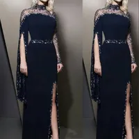 2023 aftonklänningar bär höghals Navy Blue Kaftan Dubai Crystal Pärled Chiffon Long Sleeves Party klänningar Modest Robe de Soiree Split Prom Dress