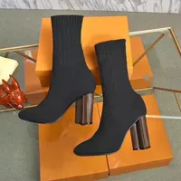 Marka Çorap Çizmeler Tasarımcı Ayakkabı Moda Yüksek Topuk Seksi Örme Elastik Sonbahar Kış Boot Tasarımcısı Alfabetik Kadın Ayakkabı Bayan Mektubu Kalın Büyük Boy 35-41 Kutusu Ile