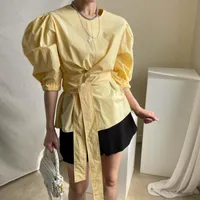 여자 블라우스 셔츠 퍼프 슬리브 보라색 디자이너 탑 여름 블라우스 붕대 레이스 업 튜닉 여성 노란색 검은 색 2021 패션 라벤더 느슨한