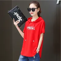 Camiseta femenina nueva con capucha suelta verano casual rojo blanco de manga corta de manga corta de manga corta mujer de impresión de moda camiseta algodón 210315