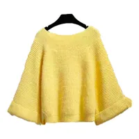 PERHAPS U Women Solid Knitted Pullovers Mohair Slash Neck Long Sleeve Yellow Loose Batwing Sleeve Winter M0131 210529