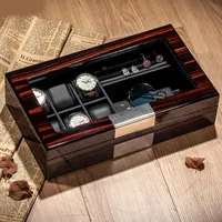 Obejrzyj skrzynki Przypadki Luksusowy Prostokątny Magazyn Biżuteria Przezroczysta Okładka 6 Siatki Box Display Rack Ebony Wood Cajas de Almacenamiento