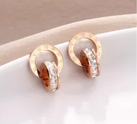 Crystal Diamond Stud Earrings Rose Gold Fashion Titanium Steel Double Wound Roman Numerals Studs Earring for Girl Women Gift Jewelry White Red colors