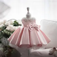 Dziewczyny Sukienki White Wedding Satin Princess Baby Girls Dress Bead Bow Urodziny Wieczór Party Niemowlę Dla Dziewczyny Gali Kid Odzież 272 H1