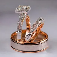 Luksusowy żeński biały kwadratowy kryształowy pierścień Klasyczny Różowy Złoty Kolor Obrączka Set Vintage Cyrkon Kamienne Pierścienie Zaręczynowe dla Kobiet