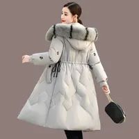 Прибытие зимние женщины вышивка мягкие парки утолщенные теплые длинные пальто с капюшоном из искусственного меха тонкой леди зимняя куртка S255 210608