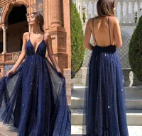 2021 Arabe Dubaï Sexy Sexy Blue Blue A-Line Robes De Bal Robe De Pétrine En V-Cou Sequins Soirée Formelle Robes de soirée Ogstuff Robe de Soiser