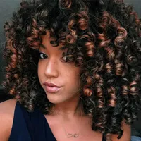 Kinky Curly Wig med Bangs Black Red Synthetic Hair Shoulder Lengtheat Beständig fiber för Afrika Amerika USA Kvinnor