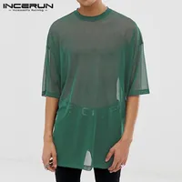 남성용 티셔츠 남성 메쉬 티셔츠 투명한 반팔 라운드 넥 캐주얼 티셔츠 2021 Streetwear 패션 솔리드 S-5XL Incerun1