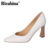 فستان أحذية ريزابينا جلدية حقيقية مضخات أزياء سميكة عالية الكعب امرأة مربع أخمص القدمين الربيع