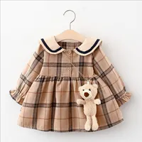 Cute Baby Girls Princess Dress Spring Autumn Girl Long Sleeve Plaid Dresses With Little Bear Kids Casual Skirts Children Clothes
