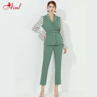 Designer 2021 Summer Female 2 Piece Set Long Sleeve Stitching Sexy Turn-down Dot Blouse Pencil Pants Fashion Office Lady Suit Women&#039;s Tracks