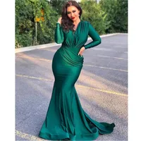 Uroczy Dark Hunter Green Mermaid Prom Dresses Długie Rękawy V-Neck Tanie Satin Długie Formalne Party Suknie Wieczorowe 2021 Plus Size Sukienka