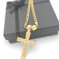 Cross 24 K Solid Gold GF Charms Lines Colgante Collar Cordina Cadena Joyería Cristiana Fábrica Wholesalecrucifix DIOS Regalo