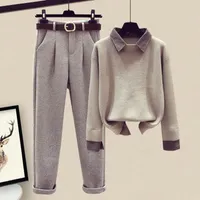 Women Autumn Winter Two Piece Suit Female Tracksuits Pullover Sweater Tops Ladies High Waist Straight Woolen Casual Pants Set