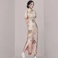 エスニック服2021夏の中国の古典的な女性チャイナドレスセクシーなスプリットスリムフィット女性Qipaoエレガントな花柄伝統的なパーティーDres