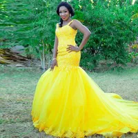 ASO EBI 2021 Yellow Mermaid Suknie Wieczorowe Aplikacje Koronki Zroszony Długie Paski Formalna Obejrzenie Weź Tanie Plus Size Prom Party Suknie