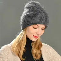Winter Beanie Hat för Kvinnor Dubbel Fold Cashmere Knitted Skullies Long Rabbit Fur Warm Bonnet Kvinna 211124