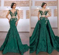 Arabic Two Pieces Evening dress with Detachable Train Lace Applique Green Mermaid bridal gowns Robe De Soirée Mariage
