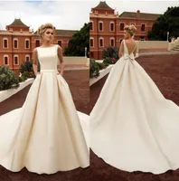 2022 Vintage Country Satin Wedding Dresses With Pockets Backless Bow Boho Beach A Line Backless Wedding Dress Bridal Gowns BC11236
