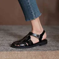 Sandels Zapatos de Piel Auténtica Para Mujer Sandalias Bohemias Con Correa Y Hebilla Punta Redonda Tacón Grueso Planos Hechos A Mano 220303