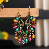 Pendientes de gota de pavo real de colorido bohemio para mujeres retro étnico largo hueco rhinestone oro aleación de color joyería de fiesta