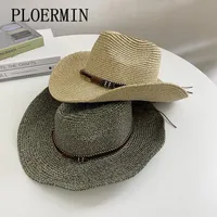 Широкие шляпы Breim Hats Ploermin Western Cowboy Hat Sun для мужчин Женщины Cowgirl Летняя леди солома солома с сплавом Перо бусины Beach Cap Cap Panama