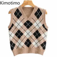 Women&#039;s Vests Kimotimo Sweater Vest Argyle Autumn Knitted Jumper Sleeveless Women Preppy Style Elegant Vintage Pullover Korean