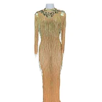 Casual Dresses Sparkling Gold Sequin Tassel Wedding Evening Long Dress Women Backless See Through Fringes Sexy Singer Prom Bodycon