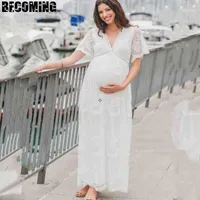 PO撮影マタニティガウンVネックレースマキシプラスサイズ妊娠中の女性服1