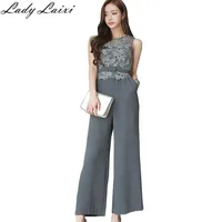 Summer hollow out Lace Patchwork Grey Jumpsuit Women Sexy Sleeveless Belt High Waist Long Pant Wide Leg OL 210529