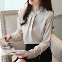 Kvinnors Blusar SHIRTS 2021 Spring Ladies Office Ol Blouse Shirt Koreanska Kvinnor Långärmad Satin Chiffon Top White Clothes