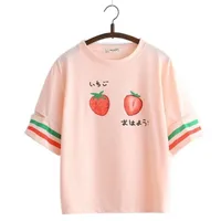 메리 꽤 딸기 티셔츠 소녀 Harajuku 티셔츠 여성 반소매 O 넥 코튼 티셔츠 스트라이프 만화 인쇄 톱 티 210315
