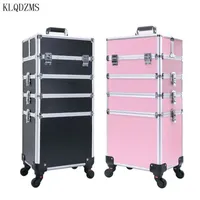 KLQDZMS Caso di trucco professionale Grande capacità trolley di alluminio Borse cosmetici sulla ruota valigia di bellezza pieghevole rimovibile 211009