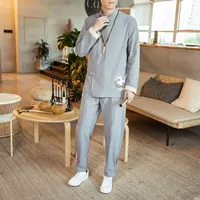 Men&#039;s Casual Shirts Men Chinese Style Embroidery 2 Pieces Sets Male Long Sleeve Shirt + Trousers Cotton Linen Costumes