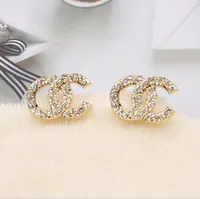 Hohe Qualität Marke Designer Einfache Frauen Luxus Kristall Strass Metall Gold Doppel Brief Ohrringe Für Mädchen Liebhaber Schmuck Geschenke Großhandel