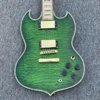 Custom L5 Trans Trans Green Quilted Mape SG SG Doble Cutaway Guitarra Eléctrica Guitarra Abalone Body Boding Inlay, Hardware de oro, Sintonizadores de Grover, Diapasón de Arce