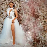 2021 Wedding Dresses for Bride High Neck Side Split Sweep Train Illusion Bodice Crystal Beads Chapel Garden Bridal Gowns vestidos de novia