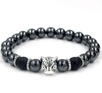 Hématite Noir Strands en perles de pierre Lava Rock Bracelets Alliage Plaqué Or Argent Skull Lion Owl pour Femmes Hommes Bracelet