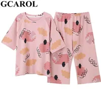 Gcarol 여성 면화 파자마 2 개가 만화 꽃 인쇄 된 딸린 가정 의류 건강한 착용 달콤한 여름 봄 가을 2XL 210901