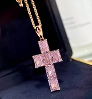 S925 silver Cross shape pendant necklace with pink diamond in 18k rose gold plated for women wedding jewelry gift have stamp PS8066