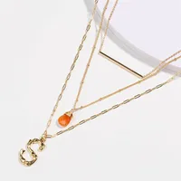Pingente colares moda vintage natural laranja pedra 3-multi-camada senhora colar de jóias liga de ouro letra tubo de cobre