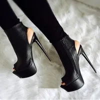 Botas 2021 zapatos de verano para mujeres tobillo de los pies abiertos tacones altos de 16 cm Stiletto Slingback para mujer Party Black Zip Botas Mujer