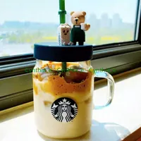 600ml Starbucks Mugs Creative ins Mason Straw Cup Bear Style Glass Cup Women&#039;s Large-capacity Gift Cups