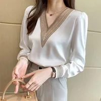 Kadın Bluzlar Gömlek Uzun Kollu Beyaz Bluz Tops Kadın Blusas Mujer De Moda 2021 Nakış V Yaka Şifon Gömlek OIMG