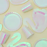 일회용 식기류 Swan 모양 식기 종이 컵 접시 짚 생일 파티 호의 장식 베이비 샤워 용품 장식