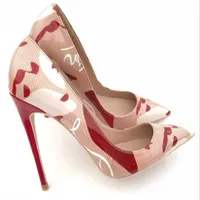 Pembe Yani Kate Kadın Ayakkabı Stilettos Baskılı Aşırı Yüksek Topuklu Pompalar 12 cm Graffiti Çizgili Kırmızı Topuk Gelin Düğün Boyutu 43 211123